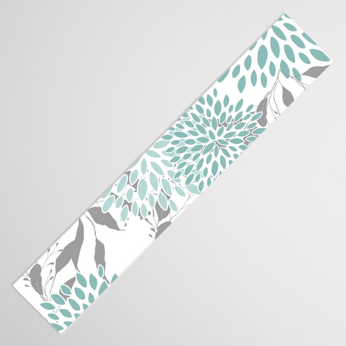 Festive, Floral Blooms and Leaves, Teal and Gray Table Runner Gallery Image 3