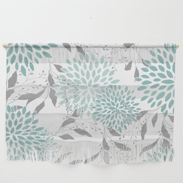 Festive, Floral Blooms and Leaves, Teal and Gray Wall Hanging Gallery Image 1