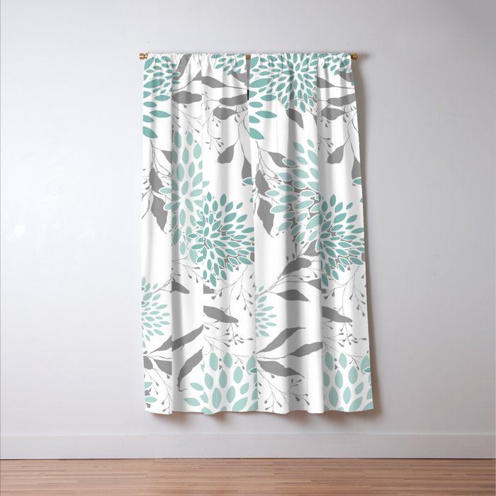 Festive, Floral Blooms and Leaves, Teal and Gray Window Curtain Gallery Image 3