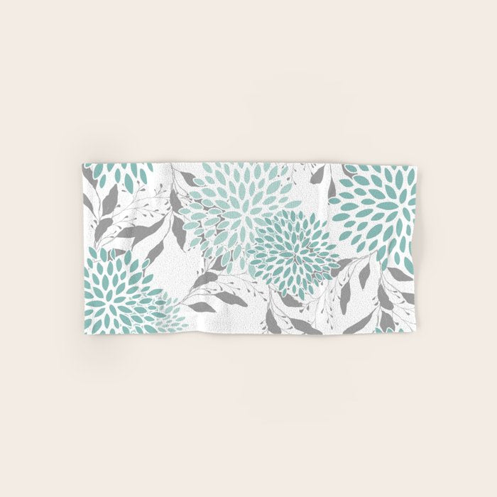 Festive, Floral Blooms and Leaves, Teal and Gray Bath Towel Gallery Image 1