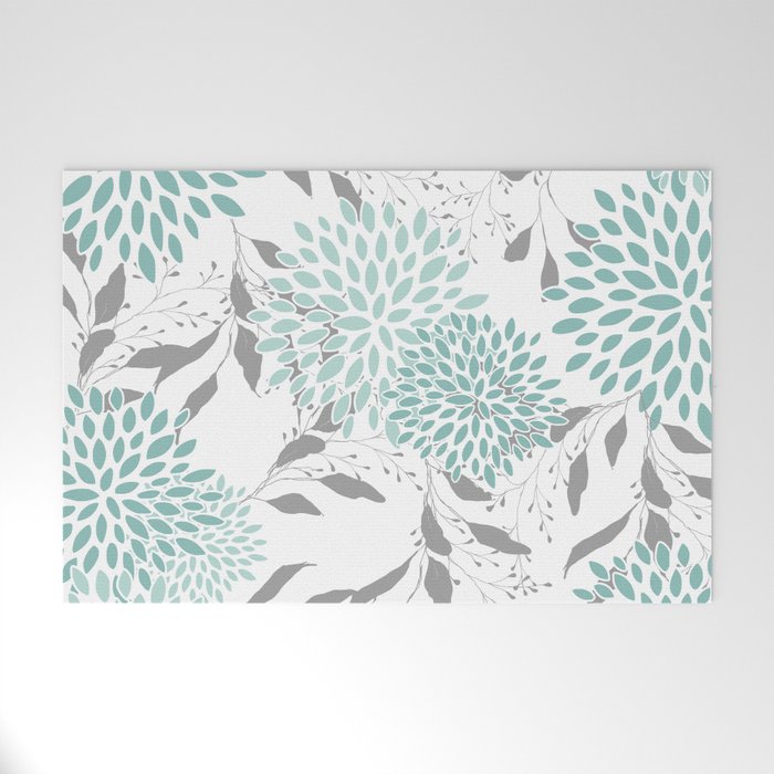 Festive, Floral Blooms and Leaves, Teal and Gray Welcome Mat Gallery Image 1