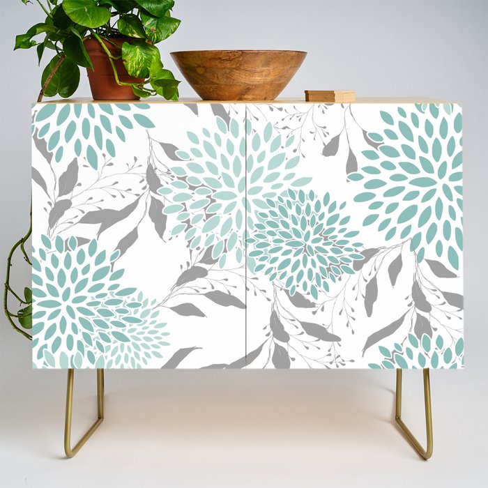 Festive, Floral Blooms and Leaves, Teal and Gray Credenza Gallery Image 1