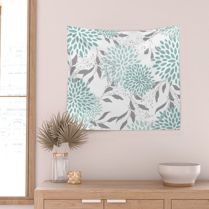 Festive, Floral Blooms and Leaves, Teal and Gray Wall Tapestry Gallery Image 2