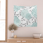 Festive, Floral Blooms and Leaves, Teal and Gray Wall Tapestry Gallery Image 2