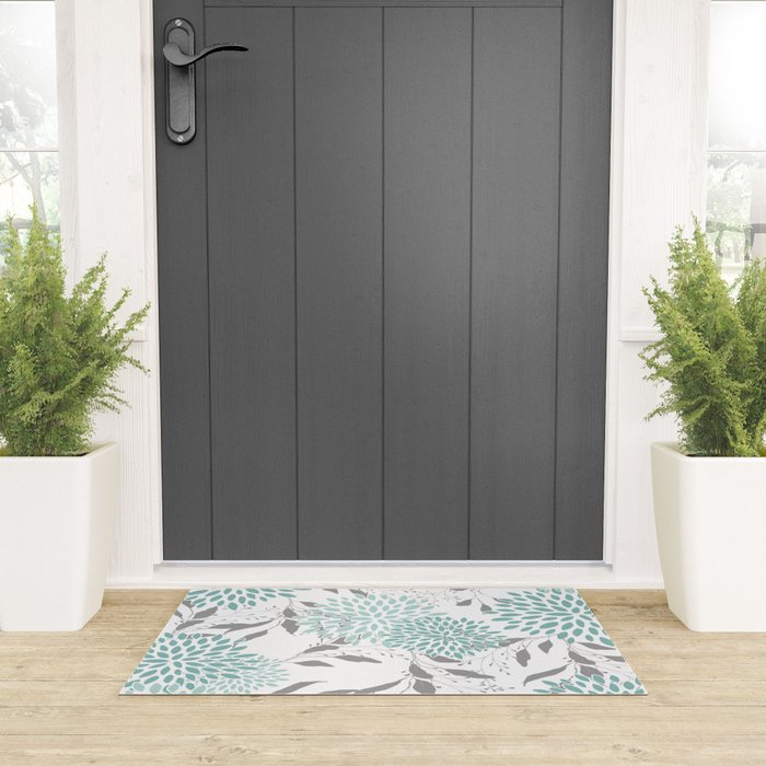 Festive, Floral Blooms and Leaves, Teal and Gray Welcome Mat Gallery Image 3