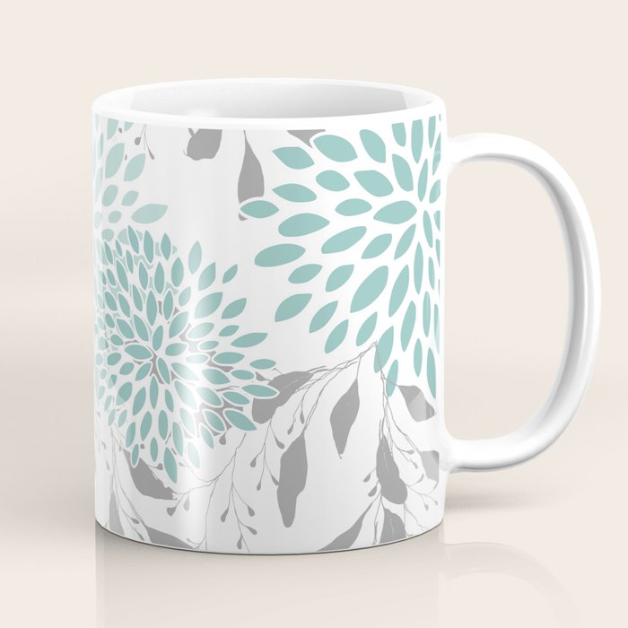 Festive, Floral Blooms and Leaves, Teal and Gray Coffee Mug Gallery Image 1