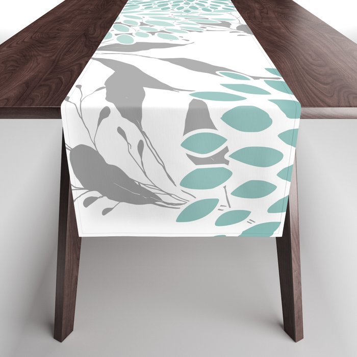 Festive, Floral Blooms and Leaves, Teal and Gray Table Runner Gallery Image 1