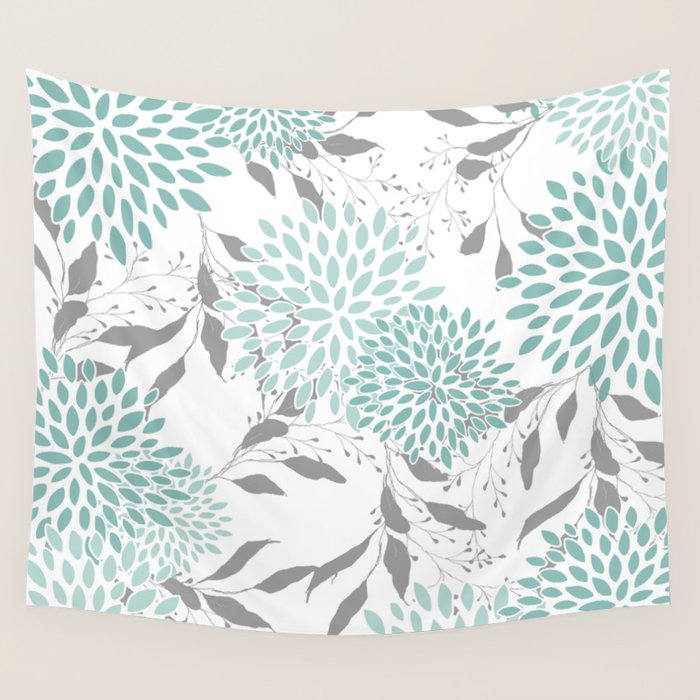 Festive, Floral Blooms and Leaves, Teal and Gray Wall Tapestry Gallery Image 4