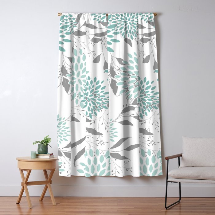 Festive, Floral Blooms and Leaves, Teal and Gray Window Curtain Gallery Image 5