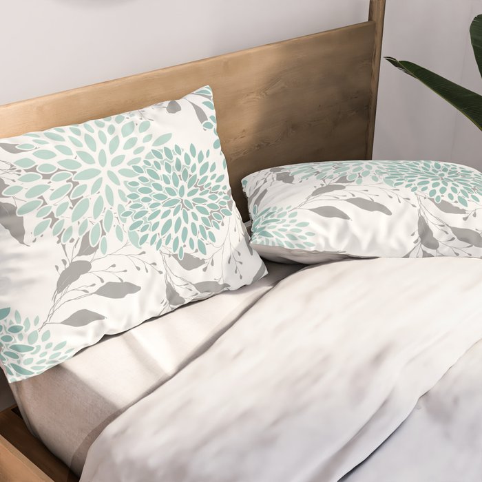 Festive, Floral Blooms and Leaves, Teal and Gray Pillow Sham Gallery Image 2