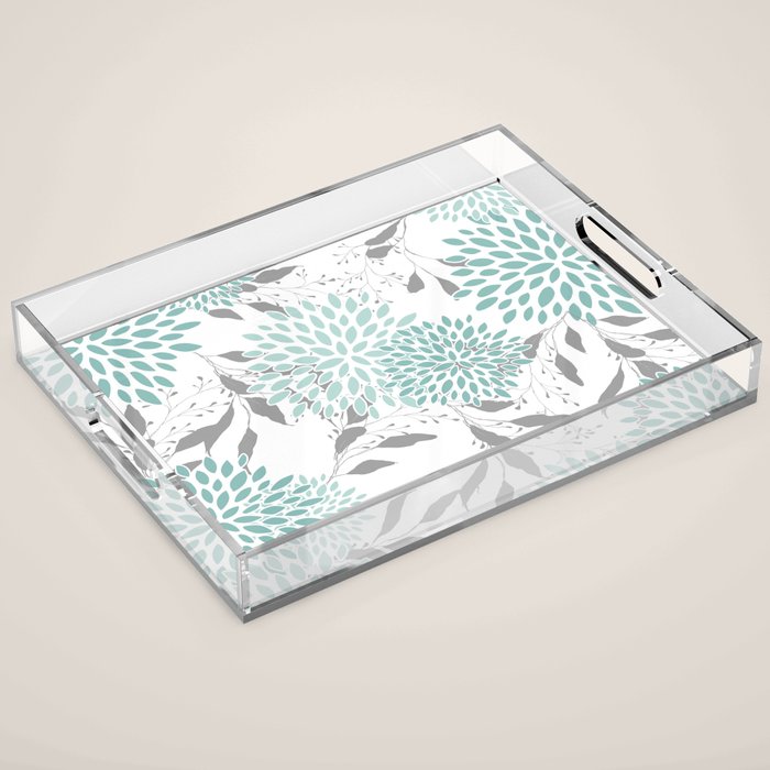 Festive, Floral Blooms and Leaves, Teal and Gray Acrylic Tray Gallery Image 1