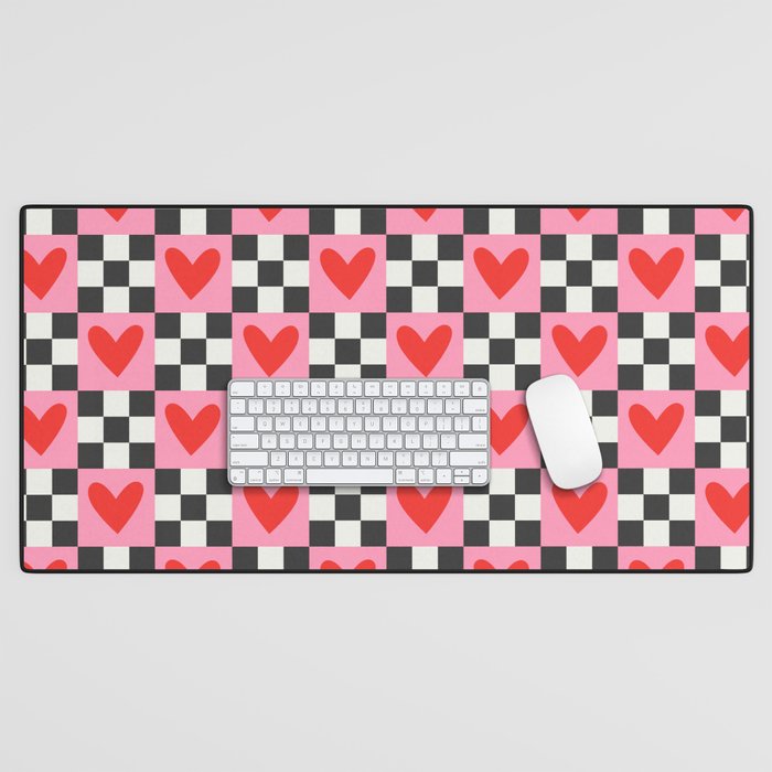 Red love heart checkered pattern Desk Mat Gallery Image 1