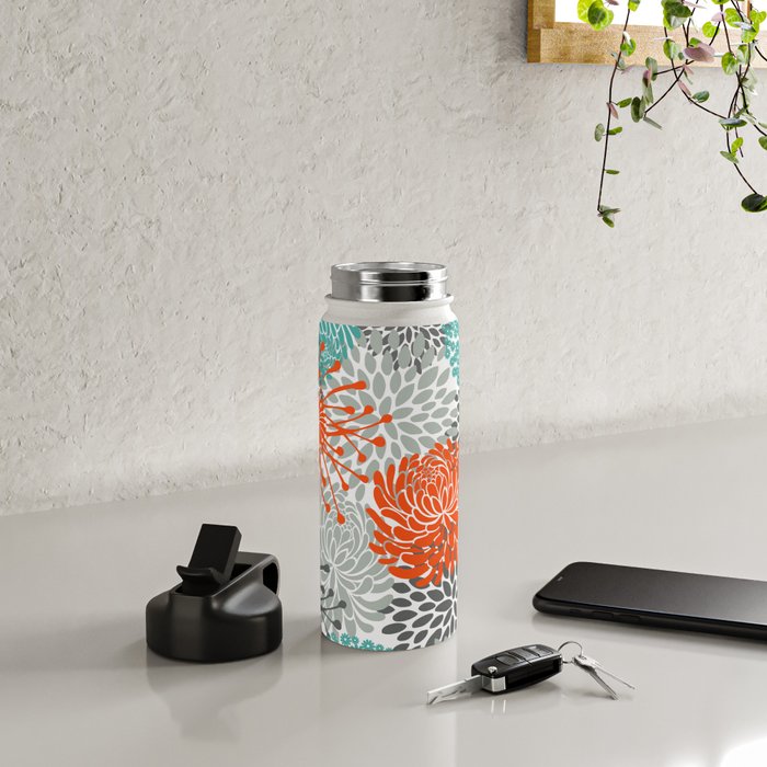 Orange and Teal Floral Abstract Print Water Bottle Gallery Image 4