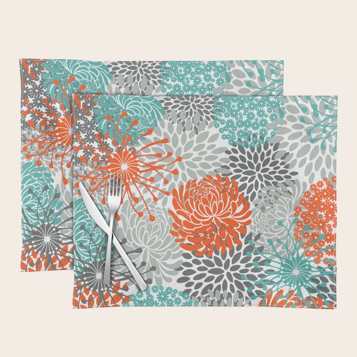 Orange and Teal Floral Abstract Print Placemat Gallery Image 1