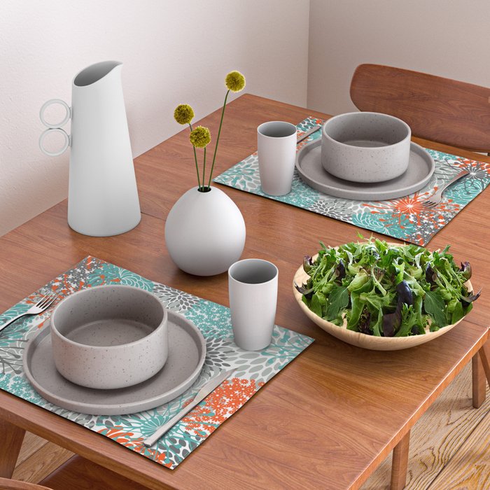 Orange and Teal Floral Abstract Print Placemat Gallery Image 2