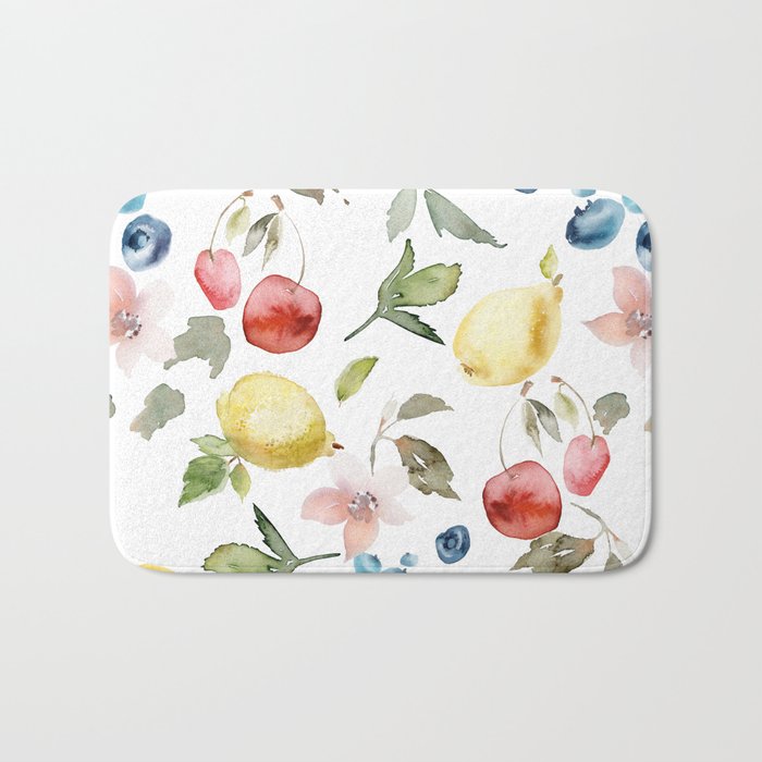 Lemon Berries and Cherries Watercolor Pattern Bath Mat Gallery Image 1