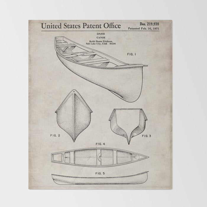 Canoe Patent - Kayak Art - Antique Throw Blanket Gallery Image 2