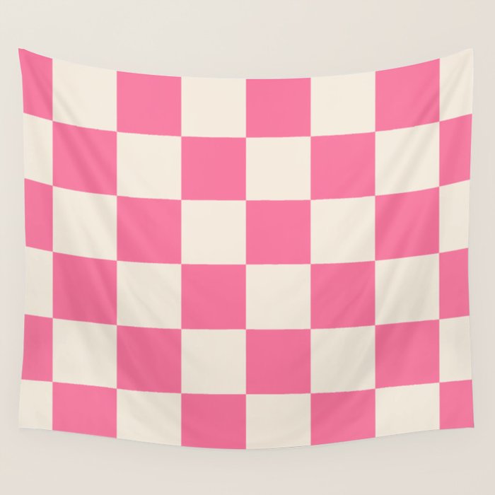 Checkerboard Check Checkered Pattern in Pink and Cream Beige Wall Tapestry Gallery Image 4