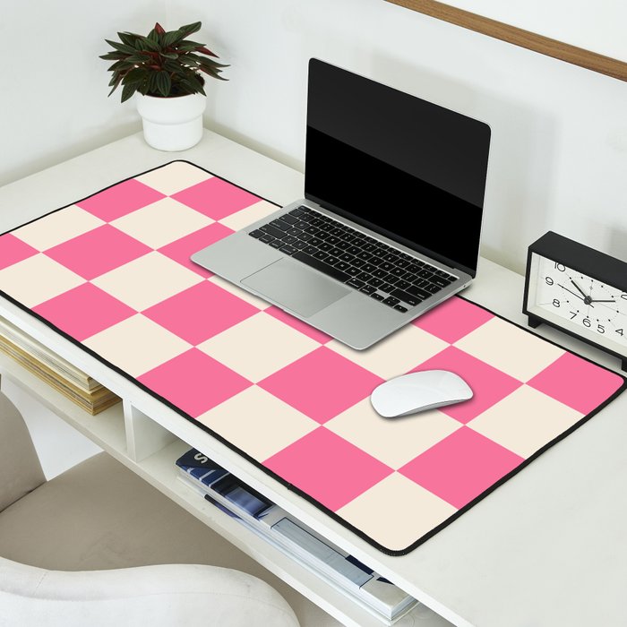Checkerboard Check Checkered Pattern in Pink and Cream Beige Desk Mat Gallery Image 2
