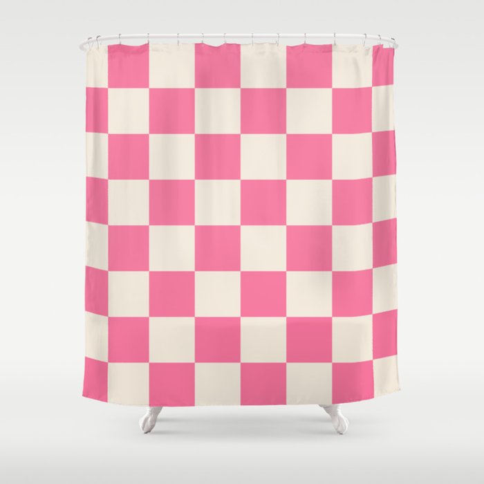 Checkerboard Check Checkered Pattern in Pink and Cream Beige Shower Curtain Gallery Image 1