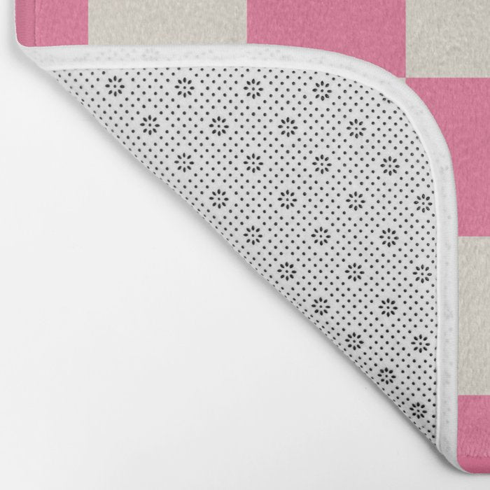 Checkerboard Check Checkered Pattern in Pink and Cream Beige Bath Mat Gallery Image 2