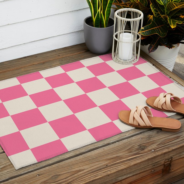 Checkerboard Check Checkered Pattern in Pink and Cream Beige Outdoor Rug Gallery Image 2