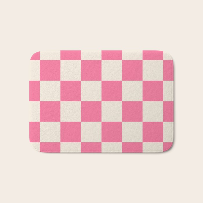 Checkerboard Check Checkered Pattern in Pink and Cream Beige Bath Mat Gallery Image 1