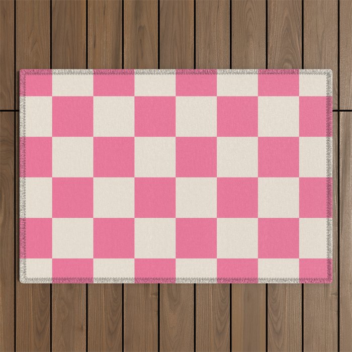 Checkerboard Check Checkered Pattern in Pink and Cream Beige Outdoor Rug Gallery Image 1