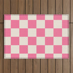 Checkerboard Check Checkered Pattern in Pink and Cream Beige Outdoor Rug Gallery Image 1