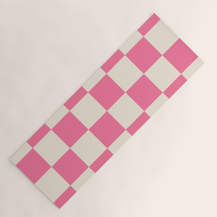 Checkerboard Check Checkered Pattern in Pink and Cream Beige Yoga Mat Gallery Image 1