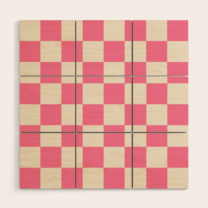 Checkerboard Check Checkered Pattern in Pink and Cream Beige Wood Wall Art Gallery Image 1