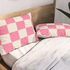 Checkerboard Check Checkered Pattern in Pink and Cream Beige Pillow Sham Gallery Image 2