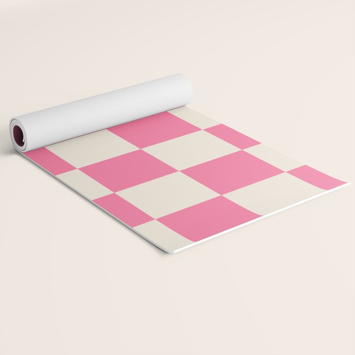Checkerboard Check Checkered Pattern in Pink and Cream Beige Yoga Mat Gallery Image 2