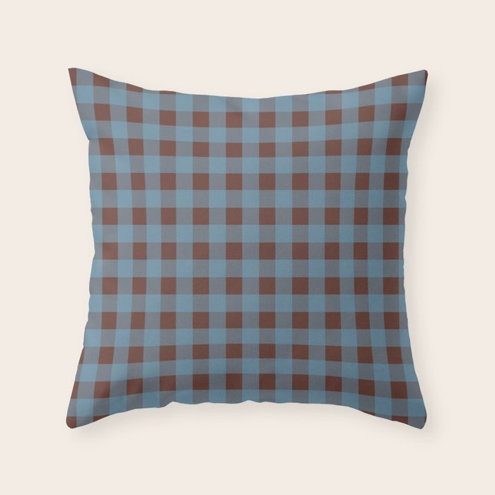 Cozy Gingham Plaid Eclectic Checkered Pattern in Brown and Blue Throw Pillow Gallery Image 1