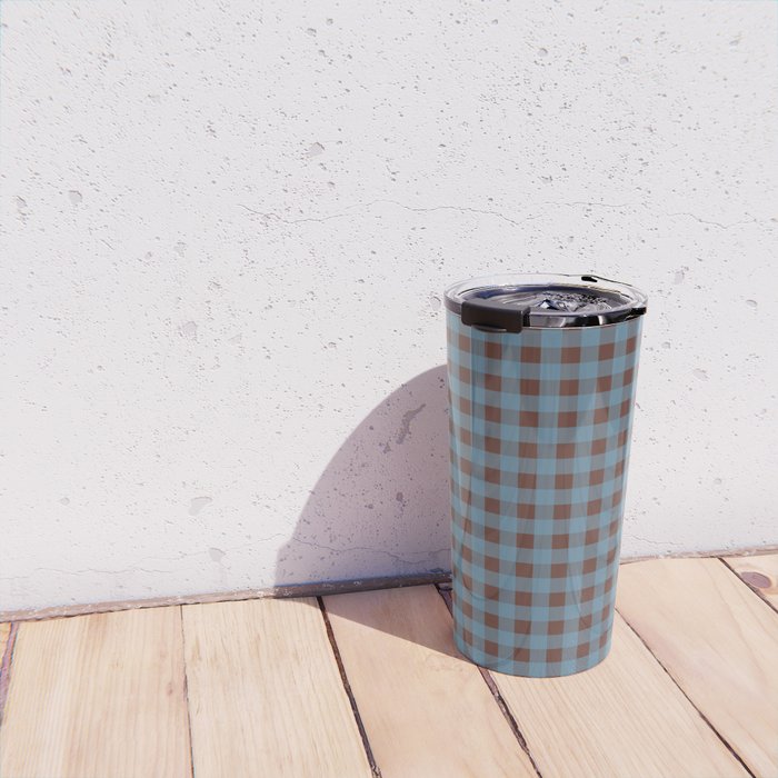 Cozy Gingham Plaid Eclectic Checkered Pattern in Brown and Blue Travel Mug Gallery Image 4