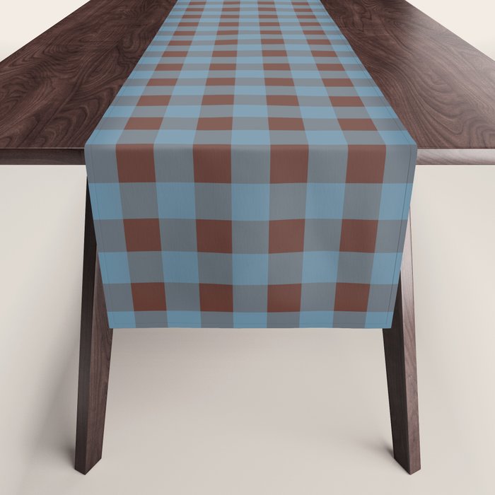 Cozy Gingham Plaid Eclectic Checkered Pattern in Brown and Blue Table Runner Gallery Image 1