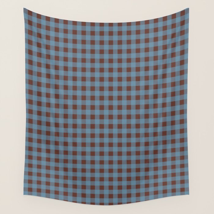 Cozy Gingham Plaid Eclectic Checkered Pattern in Brown and Blue Wall Tapestry Gallery Image 4