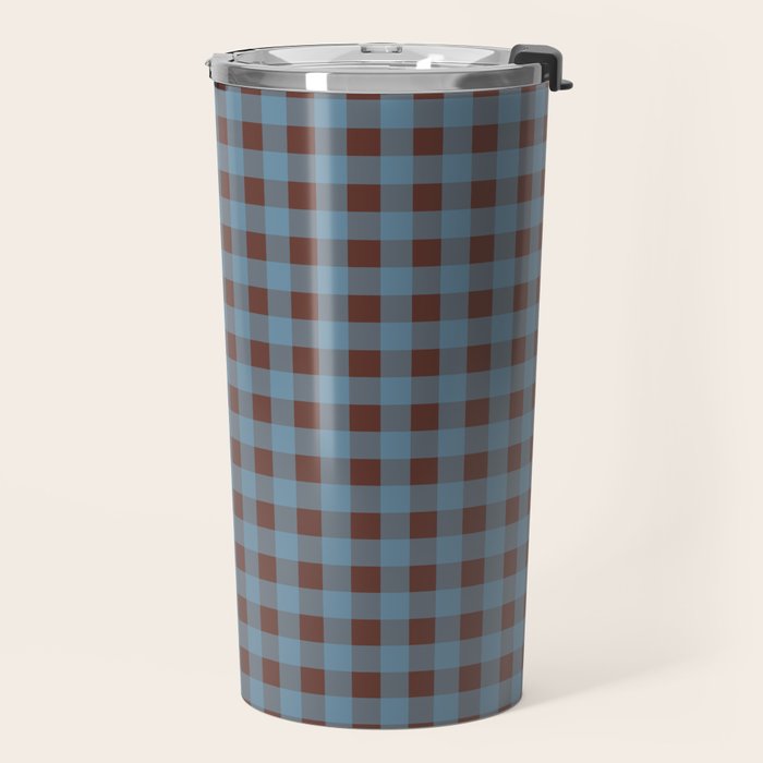 Cozy Gingham Plaid Eclectic Checkered Pattern in Brown and Blue Travel Mug Gallery Image 2