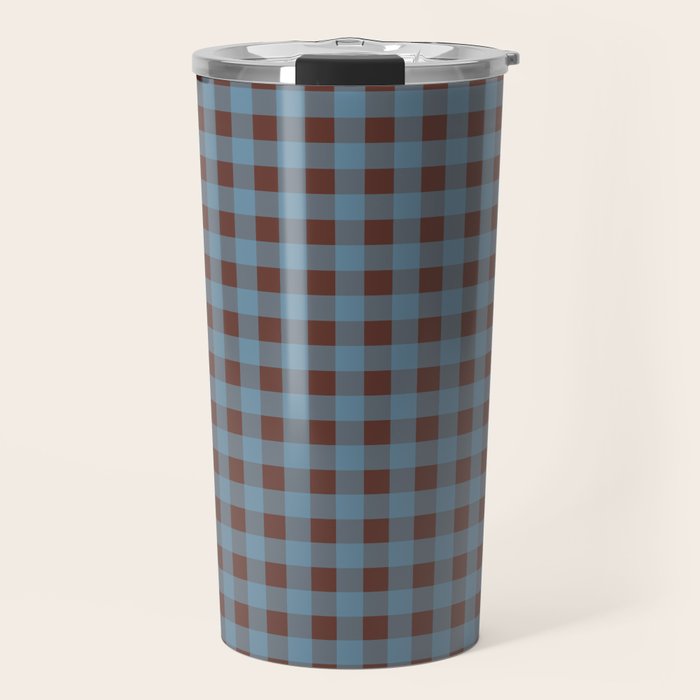 Cozy Gingham Plaid Eclectic Checkered Pattern in Brown and Blue Travel Mug Gallery Image 1