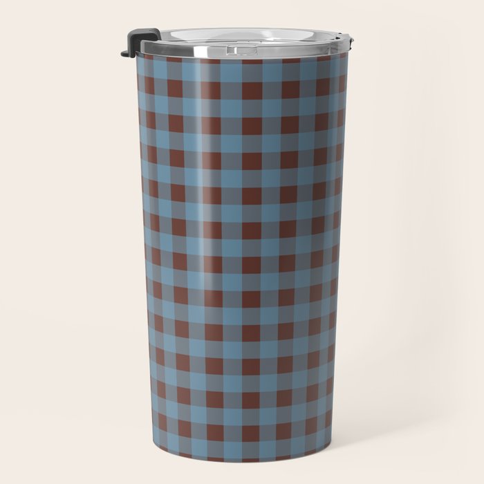 Cozy Gingham Plaid Eclectic Checkered Pattern in Brown and Blue Travel Mug Gallery Image 3
