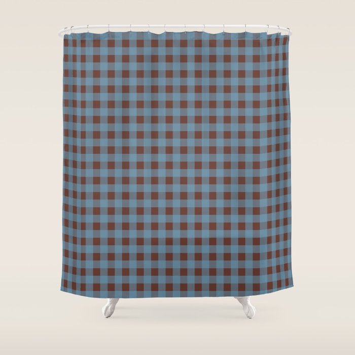 Cozy Gingham Plaid Eclectic Checkered Pattern in Brown and Blue Shower Curtain Gallery Image 1