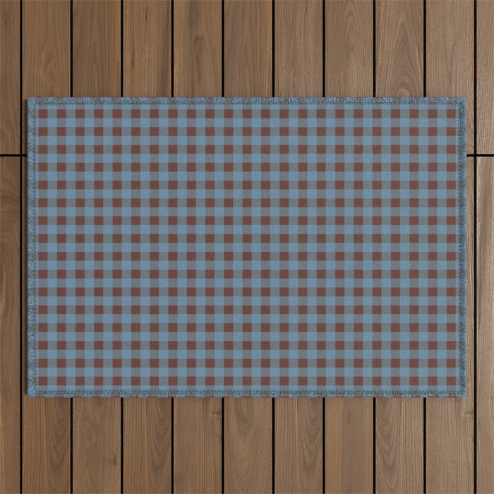 Cozy Gingham Plaid Eclectic Checkered Pattern in Brown and Blue Outdoor Rug Gallery Image 1