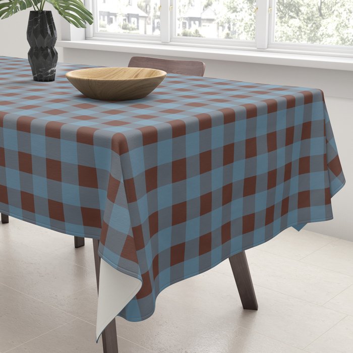 Cozy Gingham Plaid Eclectic Checkered Pattern in Brown and Blue Tablecloth Gallery Image 3