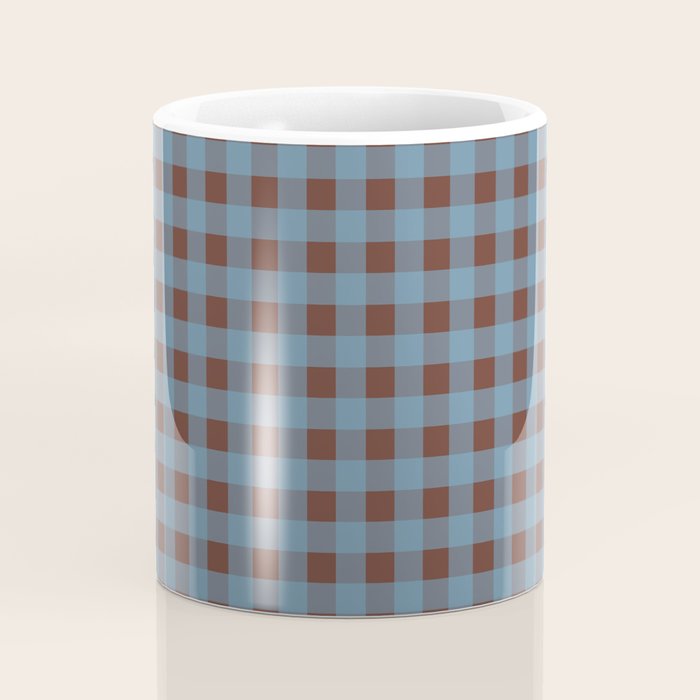 Cozy Gingham Plaid Eclectic Checkered Pattern in Brown and Blue Coffee Mug Gallery Image 4