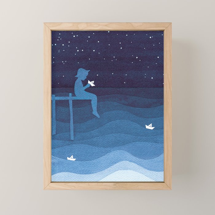 Boy with paper boats, blue Mini Art Print Gallery Image 1