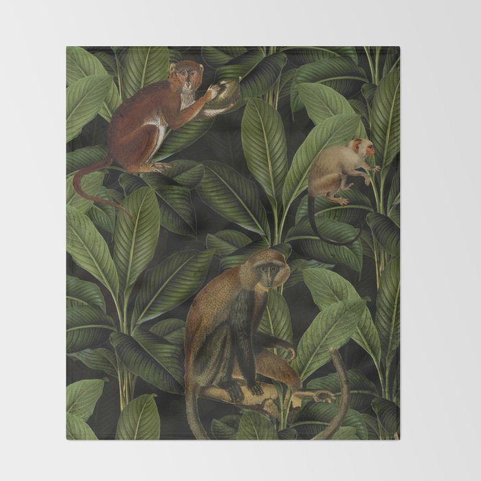 Monkey Vintage Botanical Night Jungle Garden Throw Blanket Gallery Image 2