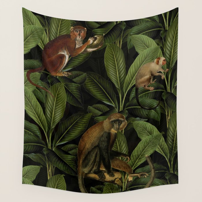 Monkey Vintage Botanical Night Jungle Garden Wall Tapestry Gallery Image 1