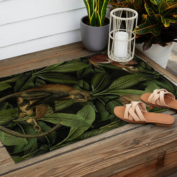 Monkey Vintage Botanical Night Jungle Garden Outdoor Rug Gallery Image 2