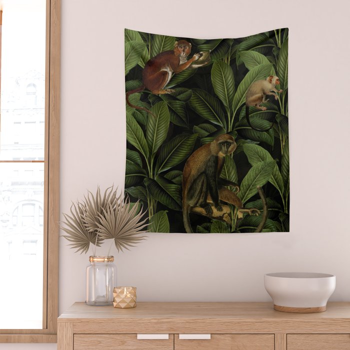 Monkey Vintage Botanical Night Jungle Garden Wall Tapestry Gallery Image 2