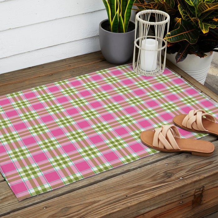 Pink Green Madras Plaid Outdoor Rug Gallery Image 2
